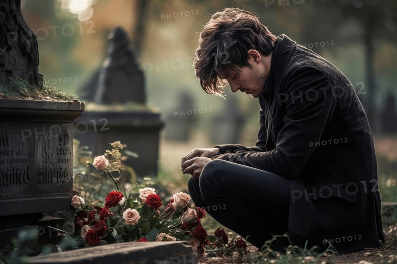 Man sitting sadly at gravestone