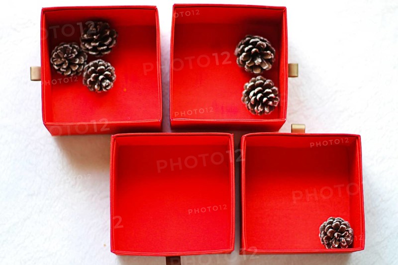 Flat lay of red boxes and pinecones arranged on a white background