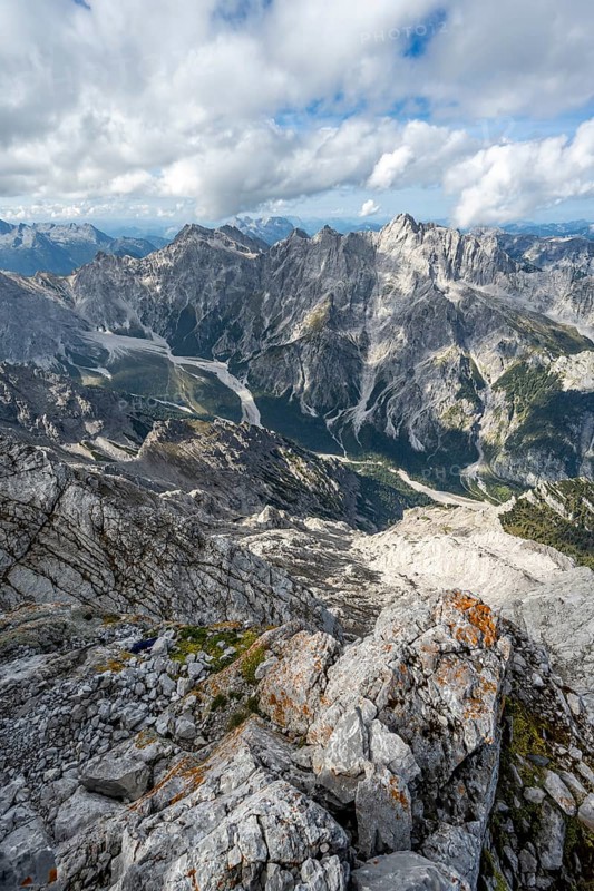 View of Wimbachgries valley and mountain panorama with rocky mountain peak of Hochkalter