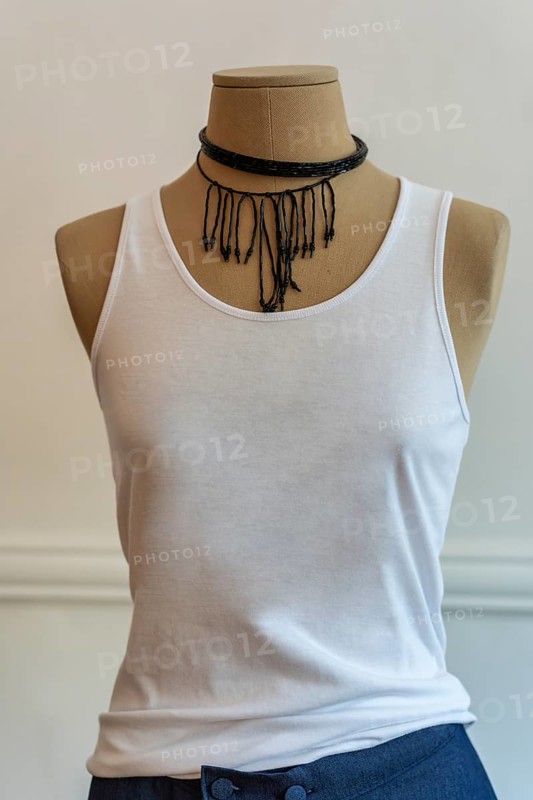 A mannequin dressed up with a white tank top. Stylish and fashion concept