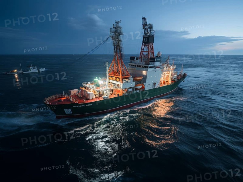 Offshore drilling ship during twilight with a dark blue ocean backdrop