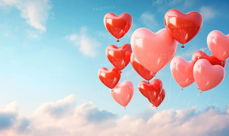 Several red heart-shaped balloons floating in the sky AI generated