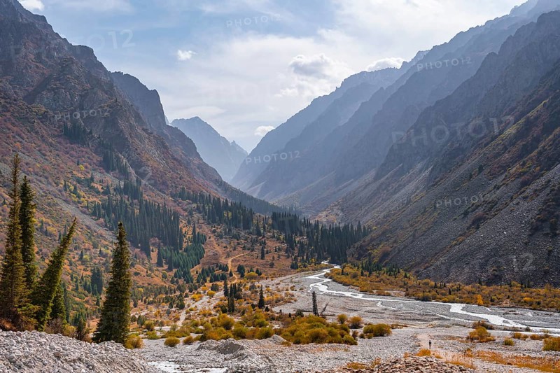 Mountain stream Ala Archa flows through the Ala Archa valley