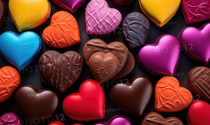 Assorted colorful heart-shaped chocolates presented neatly on a dark surface AI generated