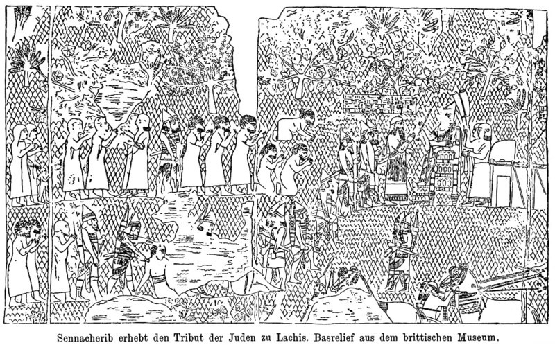 King and conqueror Sennacherib collecting tribute from the Jews of Lachis