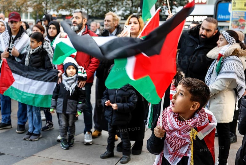 A young boy waves a Palestinian flag during the demonstration Freedom for the people of Gaza