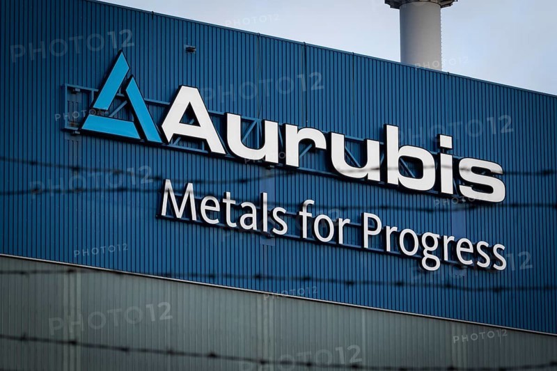Logo and lettering Aurubis Metal for Progress on a factory building at the Aurubis AG plant