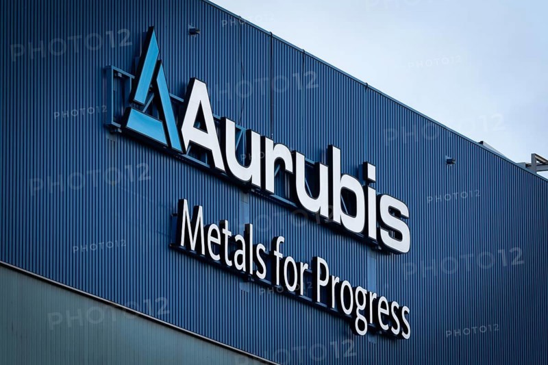 Logo and lettering Aurubis Metal for Progress on a factory building at the Aurubis AG plant
