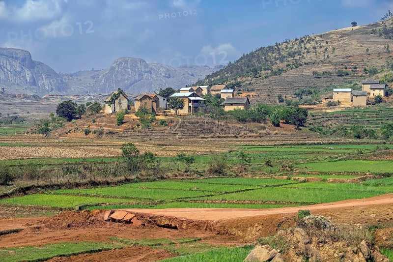 Betsileo rural village on hillside and rice fields in the Haute Matsiatra Region