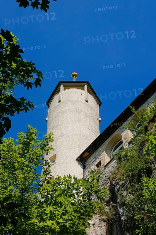 Lookout tower at the end of the 19th century at Teck Castle with the Schwaebischer Albverein hiking centre