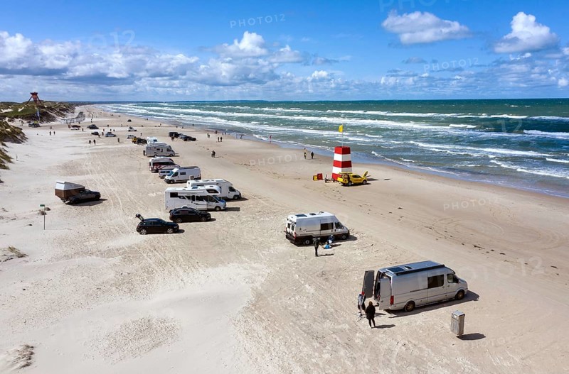 Aerial view of mobile homes on the Blokhus car beach