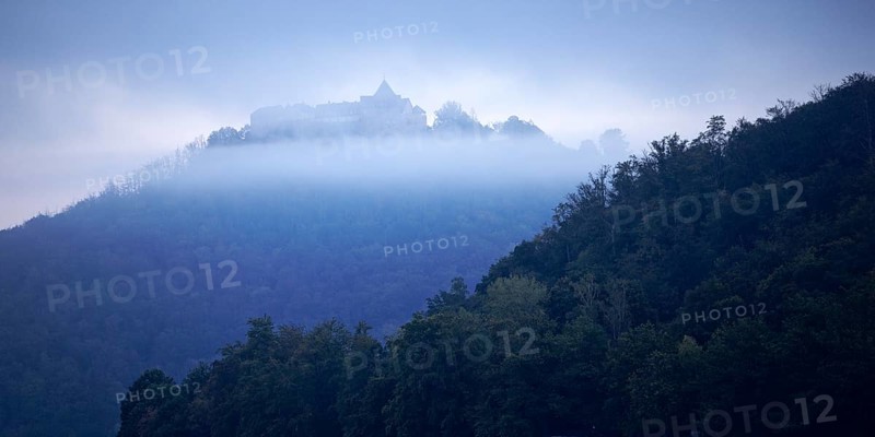 View of Waldeck Castle in the morning mist