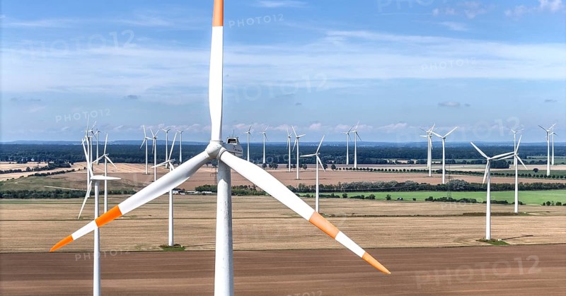 Aerial view of windmills in a wind farm