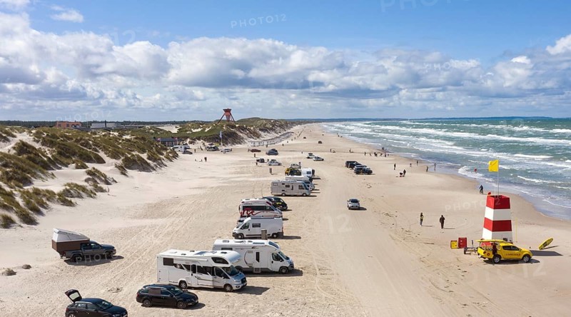 Aerial view of mobile homes on the Blokhus car beach