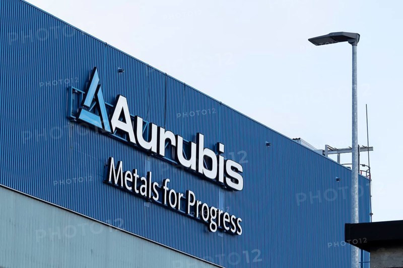 Logo and lettering Aurubis Metal for Progress on a factory building at the Aurubis AG plant