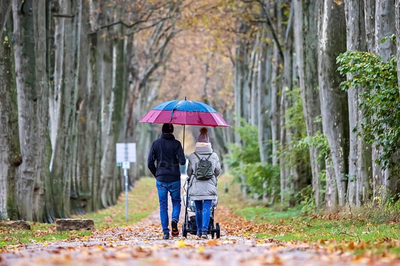 Autumn walk with umbrella in rainy weather