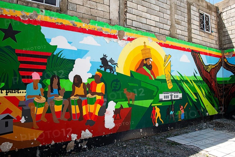 Mural depicting the creation of Trench Town and the Rastafarian religion