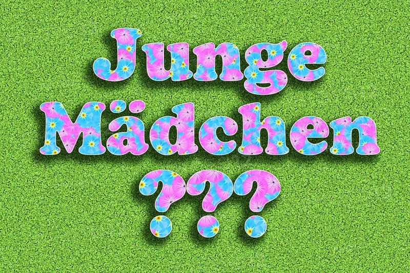 The words boy and girl with ??? three question marks written with flowers in baby colours pink and light blue on a green background