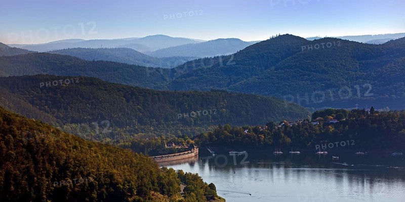 Elevated view of the Edertalsperre dam with the dam wall and a wide view of the Kellerwald-Edersee National Park
