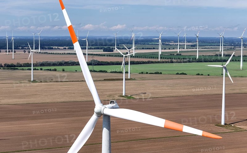 Aerial view of windmills in a wind farm