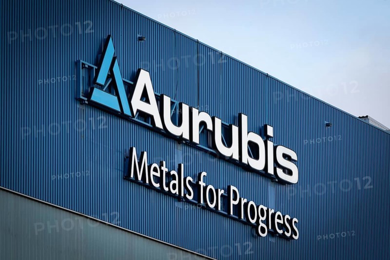 Logo and lettering Aurubis Metal for Progress on a factory building at the Aurubis AG plant