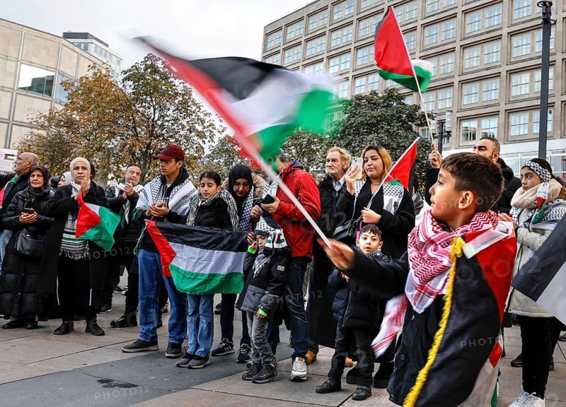A young boy waves a Palestinian flag during the demonstration Freedom for the people of Gaza