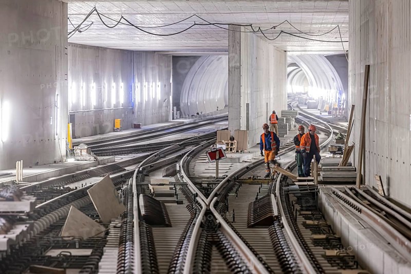 Construction site in the tunnel at the new through station in Stuttgart. A total of 56 kilometres of tunnels have been dug for Deutsche Bahn AG's Stuttgart 21 project and tunnelling has been completed. The tunnels will go online when the new main railway station opens in 2025