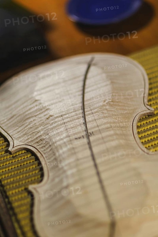 Front and back plates of new raw handmade classic violin on a workbench in violinmaker artisan workshop and purfling fillet made of evony and ivory or pear wood ready to be inserted in the carved all around the shape for aesthetic touch and prevent cracking