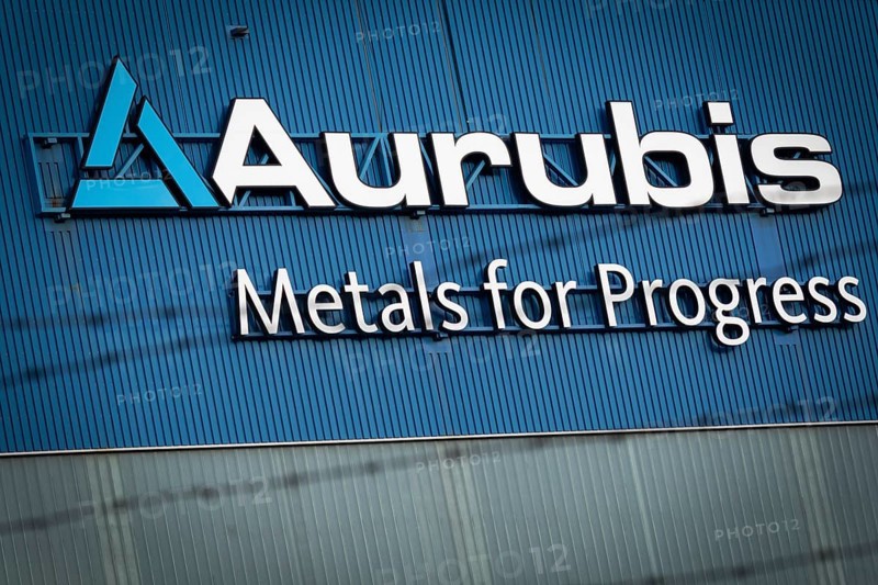 Logo and lettering Aurubis Metal for Progress on a factory building at the Aurubis AG plant