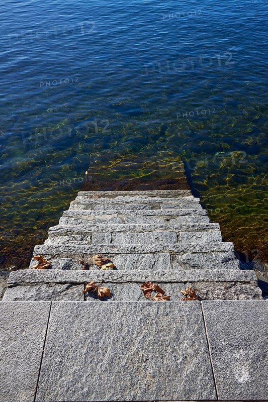 Steps into the water with dried leaves on the shore of Lake Maggiore in Ascona