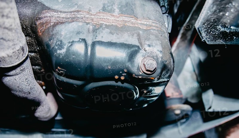 Car engine oil pan close-up