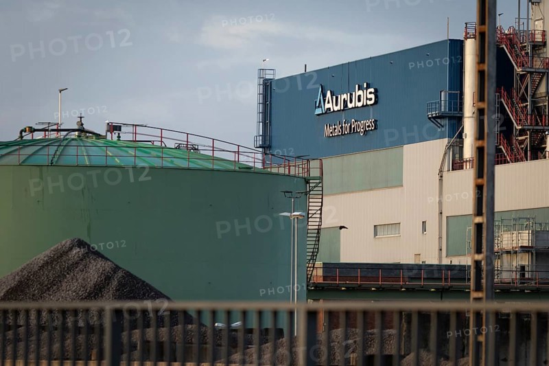 Logo and lettering Aurubis Metal for Progress on a factory building at the Aurubis AG plant