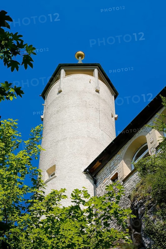 Lookout tower at the end of the 19th century at Teck Castle with the Schwaebischer Albverein hiking centre