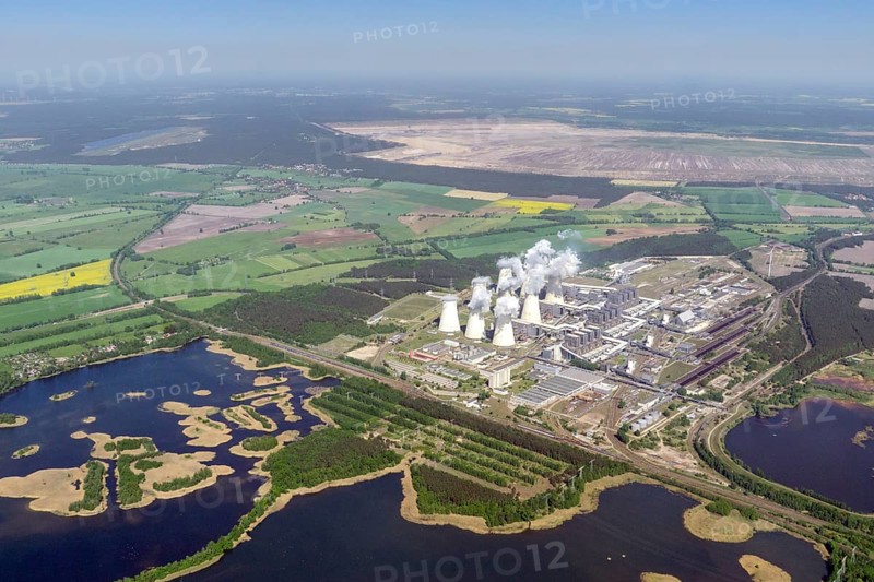 Jaenschwalde power station with lignite mining and lake landscape
