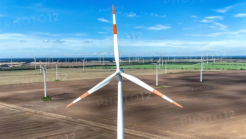 Aerial view of windmills in a wind farm