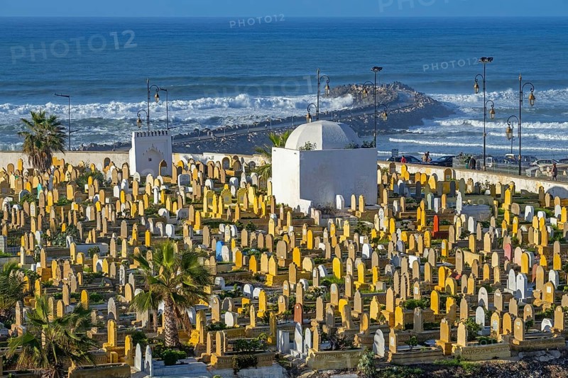Islamic graves with headstones at the Laalou muslim cemetery with view on the Atlantic Ocean in the city Rabat