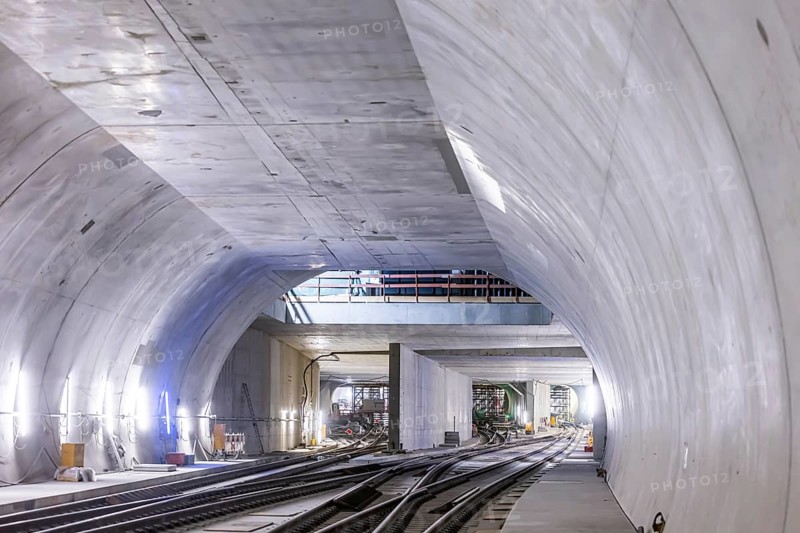 Construction site in the tunnel at the new through station in Stuttgart. A total of 56 kilometres of tunnels have been dug for Deutsche Bahn AG's Stuttgart 21 project and tunnelling has been completed. The tunnels will go online when the new main railway station opens in 2025