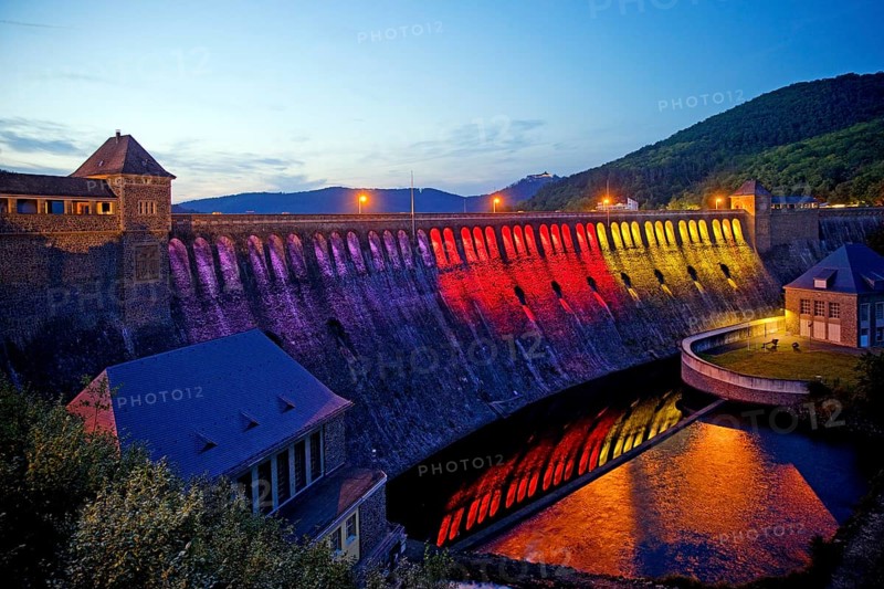 The Edersee dam wall illuminated by LED spotlights holds the German record as the longest permanently illuminated object