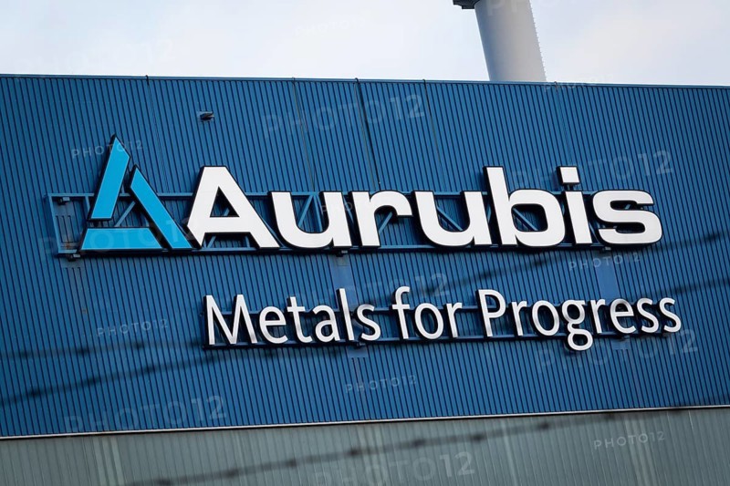 Logo and lettering Aurubis Metal for Progress on a factory building at the Aurubis AG plant
