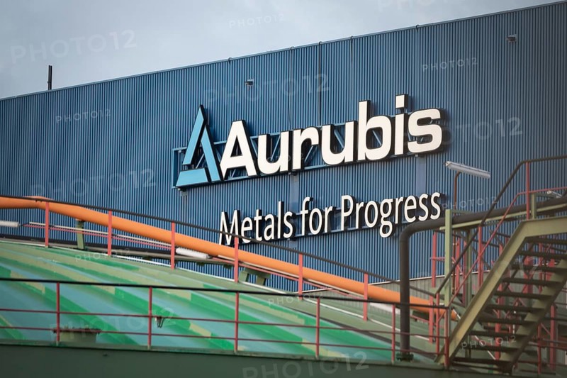 Logo and lettering Aurubis Metal for Progress on a factory building at the Aurubis AG plant