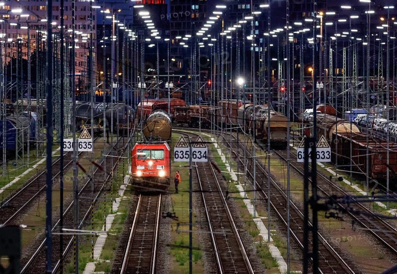 DB Cargo class 185 locomotive in the DB Cargo marshalling yard in Halle