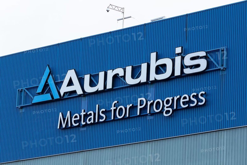 Logo and lettering Aurubis Metal for Progress on a factory building at the Aurubis AG plant