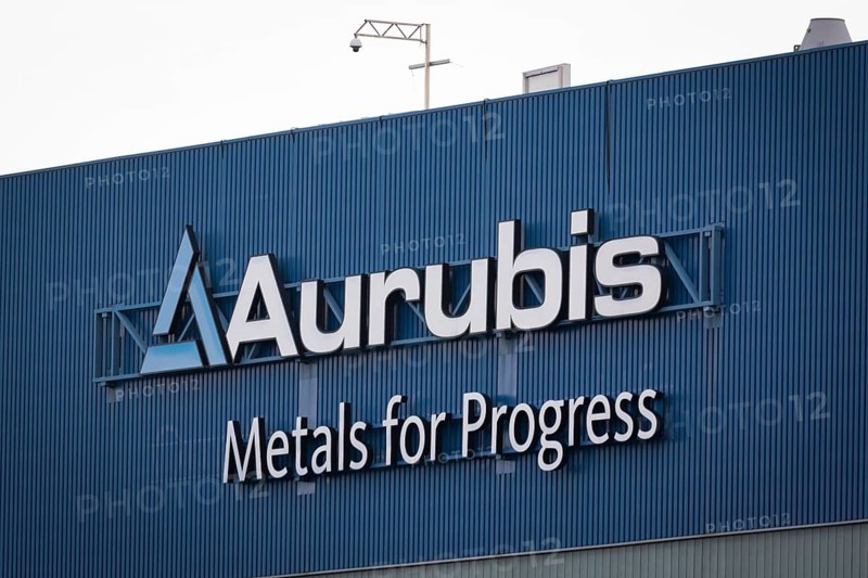 Logo and lettering Aurubis Metal for Progress on a factory building at the Aurubis AG plant