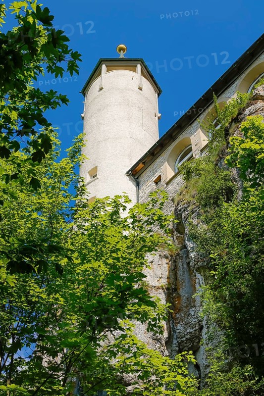 Lookout tower at the end of the 19th century at Teck Castle with the Schwaebischer Albverein hiking centre