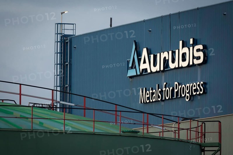 Logo and lettering Aurubis Metal for Progress on a factory building at the Aurubis AG plant