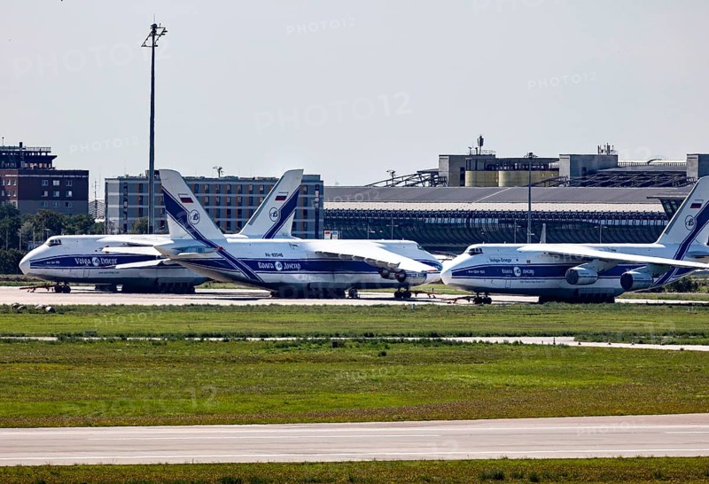 Three confiscated Antonov AN 124 cargo aircraft from the Russian Volga-Dnepr Group are parked at Leipzig-Halle Airport. Due to the flight ban with which the EU has sanctioned Russia