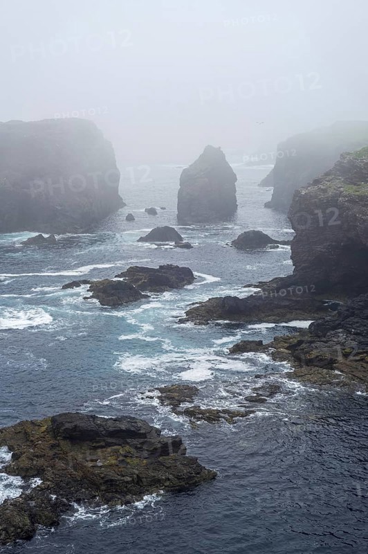 Sea stacks and sea cliffs in mist during stormy weather at Eshaness