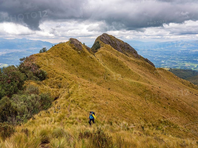 Mountaineer hiking through the Paramo landscape at Pasochoa