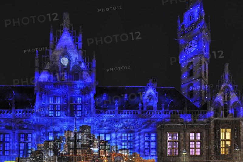 Monumental light projections on facade of Post Plaza by the French artist group Spectaculaires during the 2011 light festival of Ghent