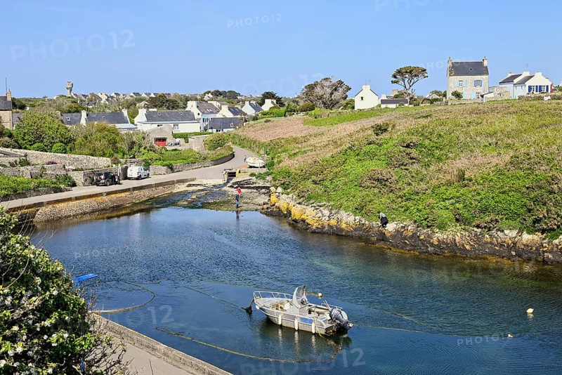 Boat in the small inland harbour of Lampaul, Ouessant Island, Finistere, Brittany, France, Europe